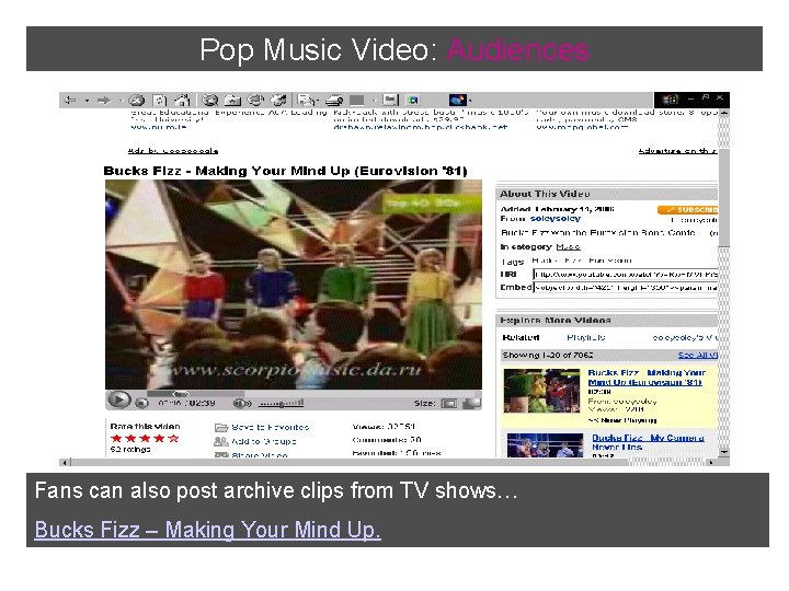 Pop Music Video: Audiences Fans can also post archive clips from TV shows… Bucks