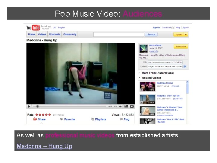 Pop Music Video: Audiences As well as professional music videos from established artists. Madonna