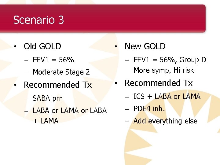 Scenario 3 • Old GOLD – FEV 1 = 56% – Moderate Stage 2