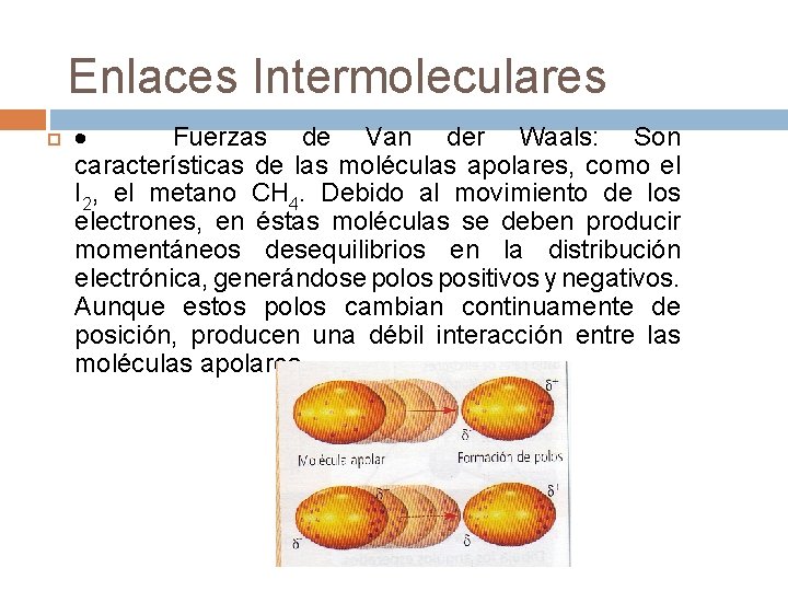 Enlaces Intermoleculares · Fuerzas de Van der Waals: Son características de las moléculas apolares,