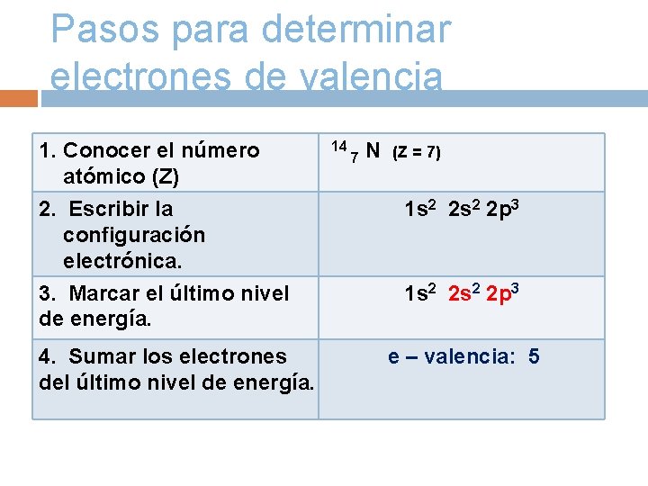 Pasos para determinar electrones de valencia 1. Conocer el número atómico (Z) 2. Escribir