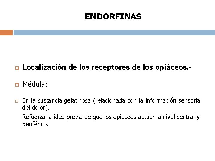 ENDORFINAS Localización de los receptores de los opiáceos. - Médula: En la sustancia gelatinosa