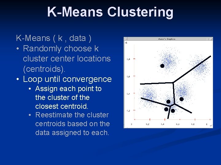 K-Means Clustering K-Means ( k , data ) • Randomly choose k cluster center