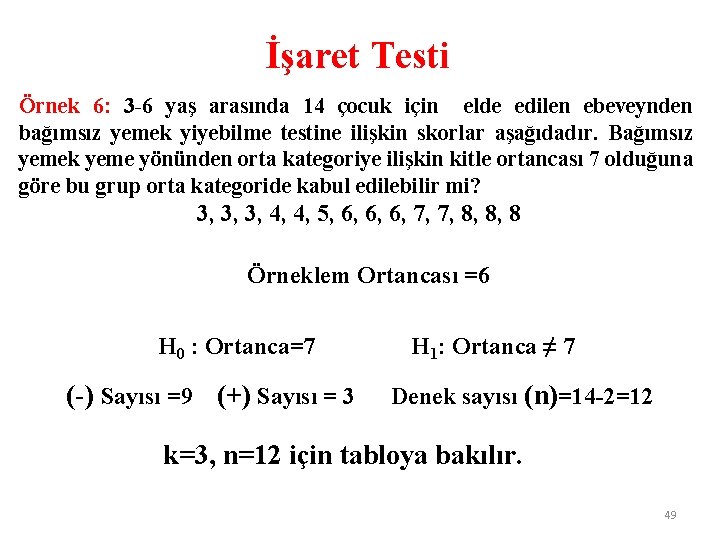 İşaret Testi Örnek 6: 3 -6 yaş arasında 14 çocuk için elde edilen ebeveynden