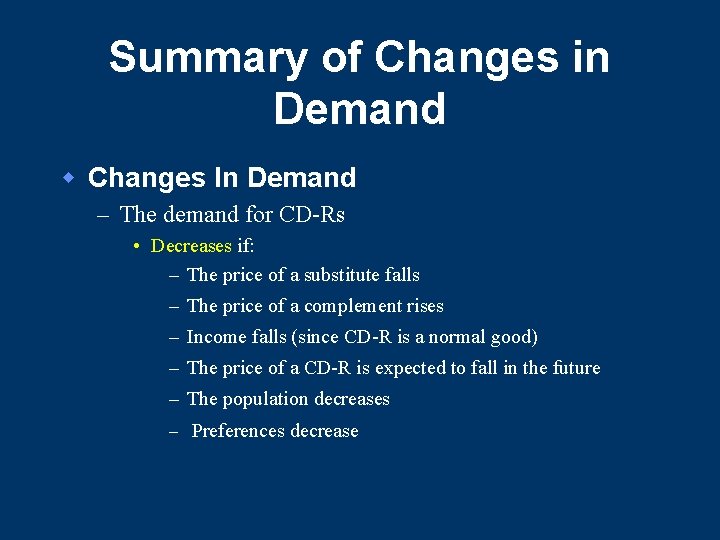 Summary of Changes in Demand w Changes In Demand – The demand for CD-Rs Summary of Changes in Demand w Changes In Demand – The demand for CD-Rs