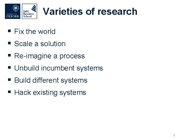 Varieties of research § § § Fix the world Scale a solution Re-imagine a
