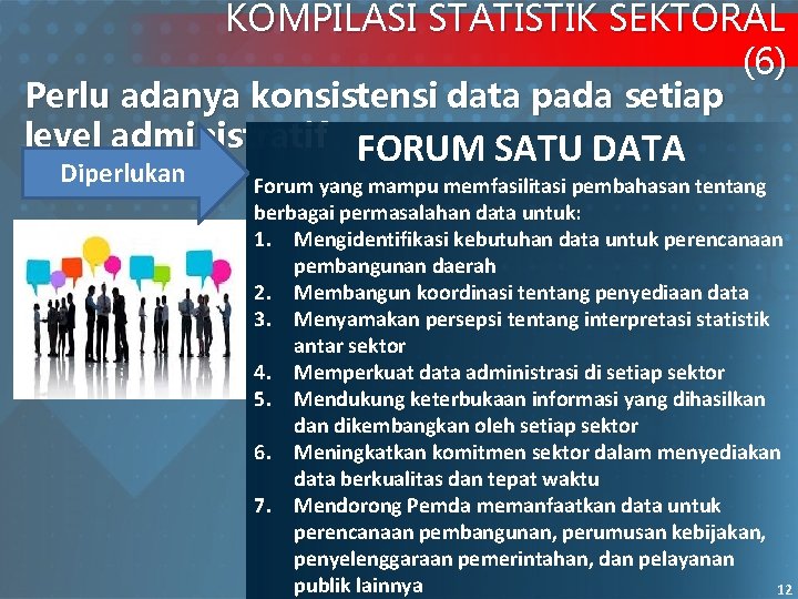 KOMPILASI STATISTIK SEKTORAL (6) Perlu adanya konsistensi data pada setiap level administratif FORUM SATU