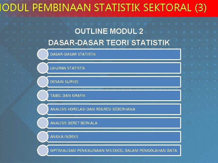 MODUL PEMBINAAN STATISTIK SEKTORAL (3) OUTLINE MODUL 2 DASAR-DASAR TEORI STATISTIK DASAR-DASAR STATISTIK UKURAN