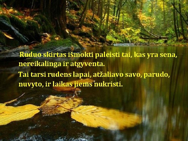 Ruduo skirtas išmokti paleisti tai, kas yra sena, nereikalinga ir atgyventa. Tai tarsi rudens Ruduo skirtas išmokti paleisti tai, kas yra sena, nereikalinga ir atgyventa. Tai tarsi rudens
