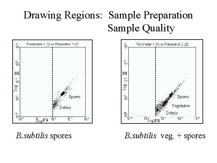 log Drawing Regions: Sample Preparation Sample Quality Spores Vegetative Debris log B. subtilis spores log Drawing Regions: Sample Preparation Sample Quality Spores Vegetative Debris log B. subtilis spores