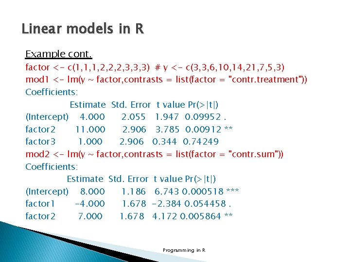 Linear models in R Example cont. factor <- c(1, 1, 1, 2, 2, 2,