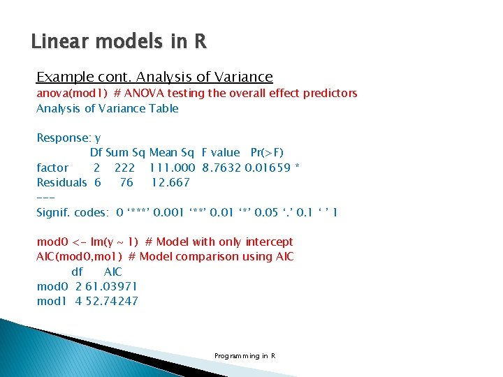 Linear models in R Example cont. Analysis of Variance anova(mod 1) # ANOVA testing