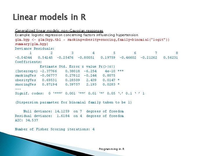 Linear models in R Generalized linear models: non-Gaussian responses Example: logistic regression concerning factors