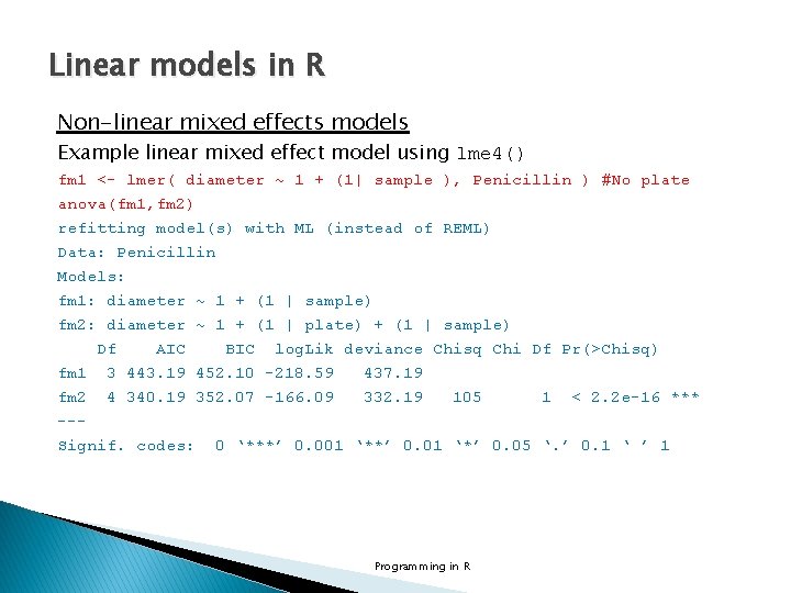 Linear models in R Non-linear mixed effects models Example linear mixed effect model using