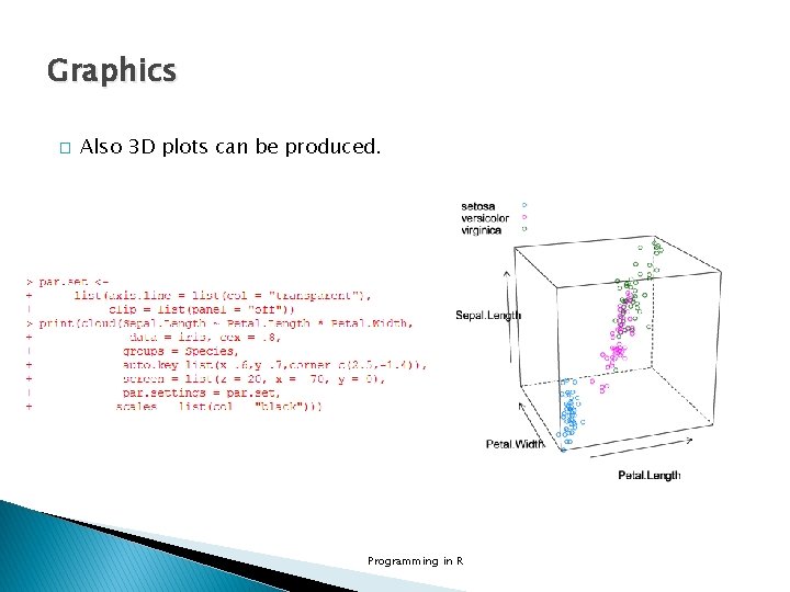 Graphics � Also 3 D plots can be produced. Programming in R 