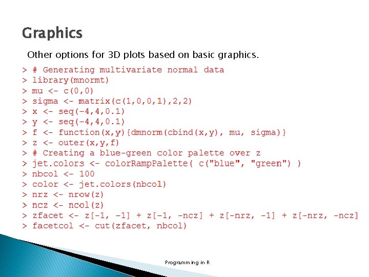 Graphics Other options for 3 D plots based on basic graphics. Programming in R