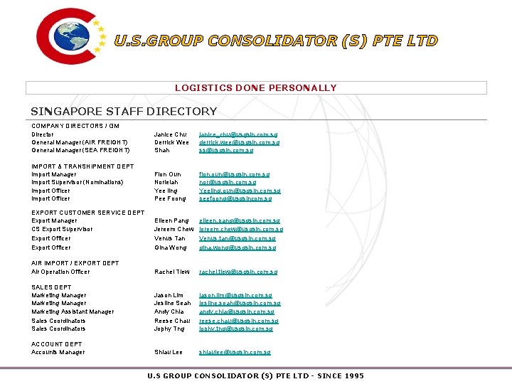 U. S. GROUP CONSOLIDATOR (S) PTE LTD LOGISTICS DONE PERSONALLY SINGAPORE STAFF DIRECTORY COMPANY