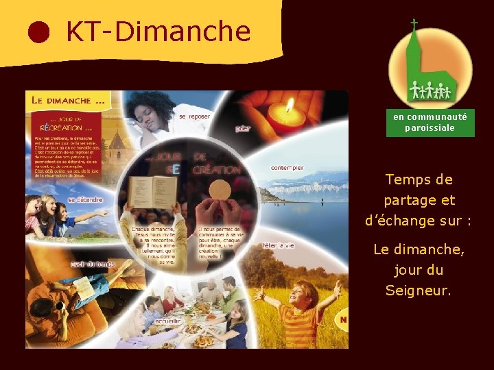 KT-Dimanche en communauté paroissiale Temps de partage et d’échange sur : Le dimanche, jour