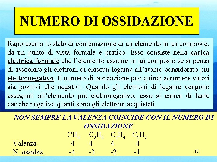 NUMERO DI OSSIDAZIONE Rappresenta lo stato di combinazione di un elemento in un composto,