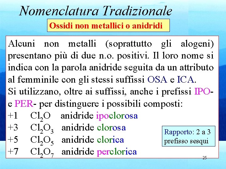 Nomenclatura Tradizionale Ossidi non metallici o anidridi Alcuni non metalli (soprattutto gli alogeni) presentano