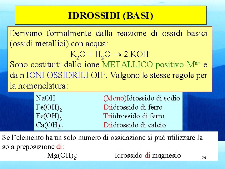 IDROSSIDI (BASI) Derivano formalmente dalla reazione di ossidi basici (ossidi metallici) con acqua: K