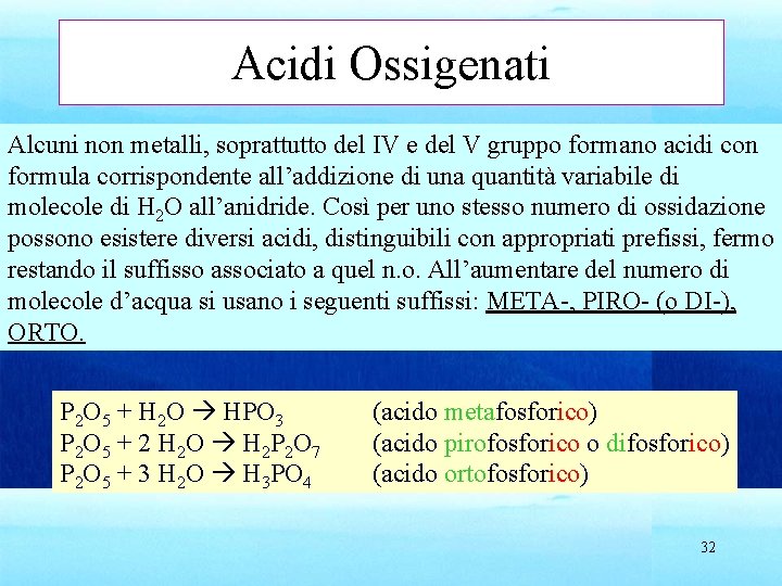 Acidi Ossigenati Alcuni non metalli, soprattutto del IV e del V gruppo formano acidi