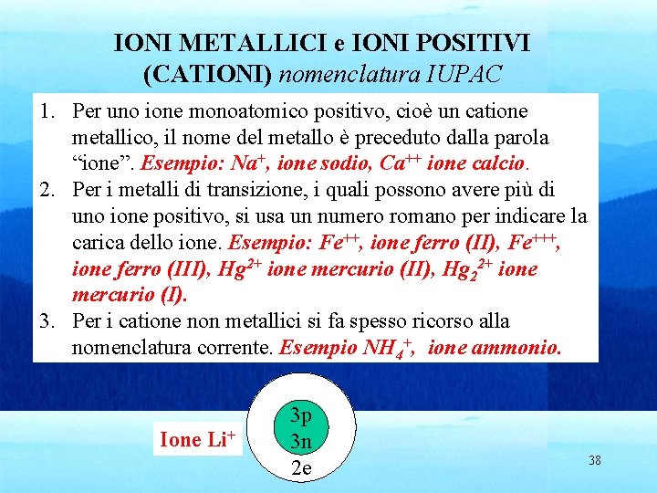 IONI METALLICI e IONI POSITIVI (CATIONI) nomenclatura IUPAC 1. Per uno ione monoatomico positivo,
