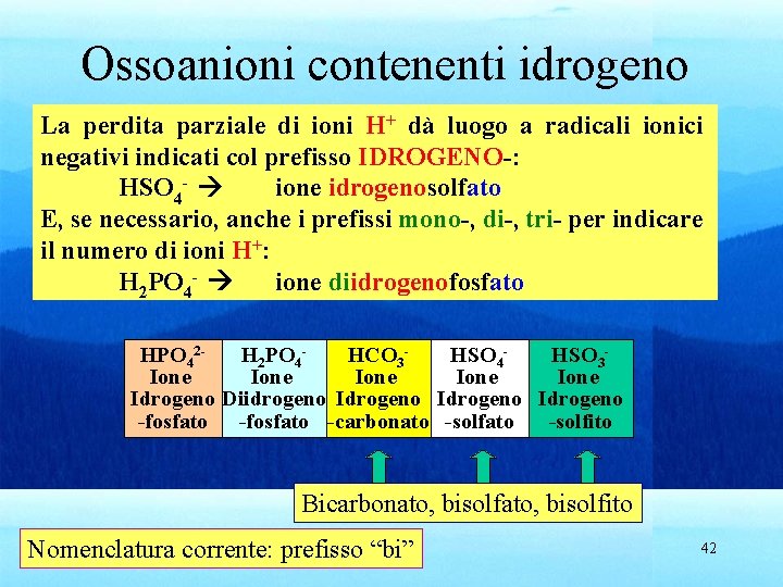Ossoanioni contenenti idrogeno La perdita parziale di ioni H+ dà luogo a radicali ionici
