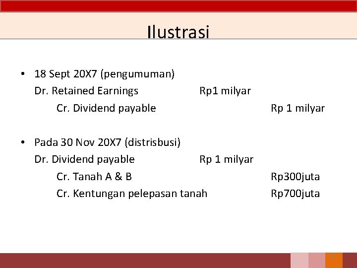 Ilustrasi • 18 Sept 20 X 7 (pengumuman) Dr. Retained Earnings Cr. Dividend payable