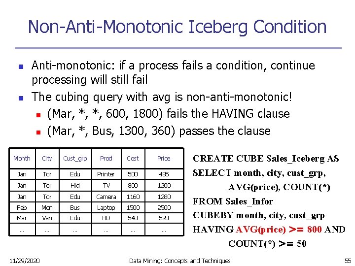 Non-Anti-Monotonic Iceberg Condition n n Anti-monotonic: if a process fails a condition, continue processing