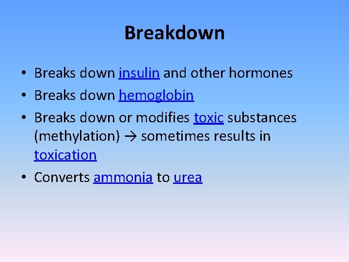Breakdown • Breaks down insulin and other hormones • Breaks down hemoglobin • Breaks