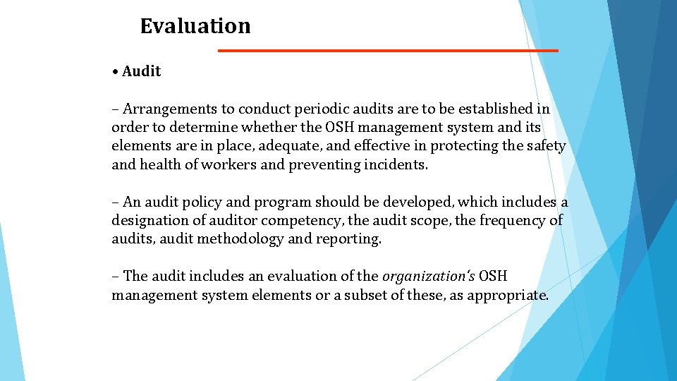 Evaluation • Audit – Arrangements to conduct periodic audits are to be established in