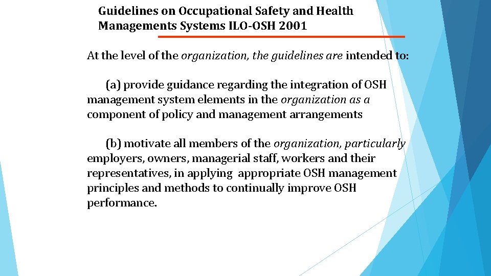 Guidelines on Occupational Safety and Health Managements Systems ILO-OSH 2001 At the level of