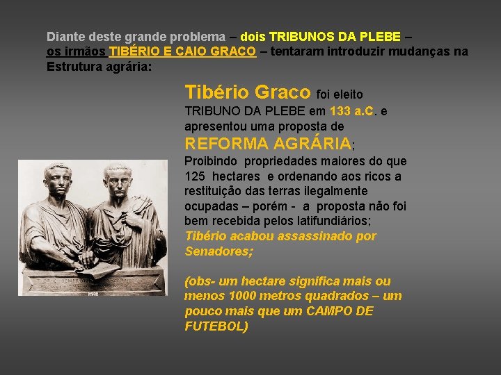 Diante deste grande problema – dois TRIBUNOS DA PLEBE – os irmãos TIBÉRIO E