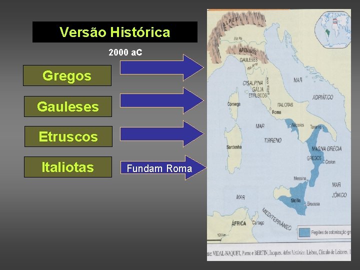 Versão Histórica 2000 a. C Gregos Gauleses Península Itálica Etruscos Italiotas Fundam Roma 