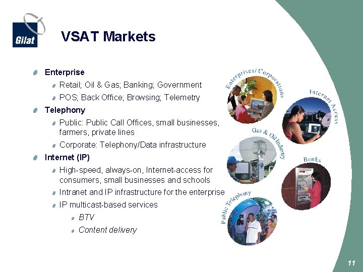 VSAT Markets Enterprise Retail; Oil & Gas; Banking; Government POS; Back Office; Browsing; Telemetry