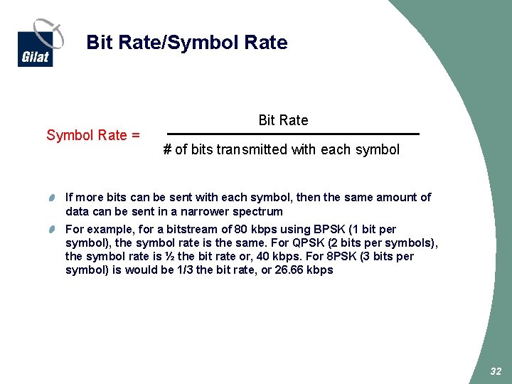 Bit Rate/Symbol Rate = Bit Rate # of bits transmitted with each symbol If