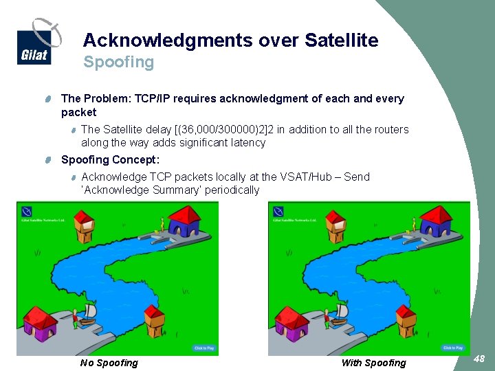 Acknowledgments over Satellite Spoofing The Problem: TCP/IP requires acknowledgment of each and every packet
