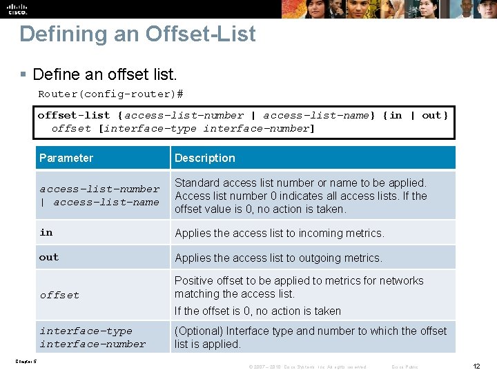 Defining an Offset-List § Define an offset list. Router(config-router)# offset-list {access-list-number | access-list-name} {in