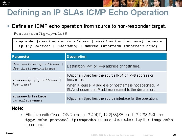 Defining an IP SLAs ICMP Echo Operation § Define an ICMP echo operation from