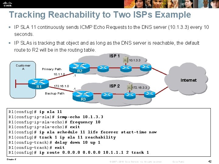 Tracking Reachability to Two ISPs Example § IP SLA 11 continuously sends ICMP Echo