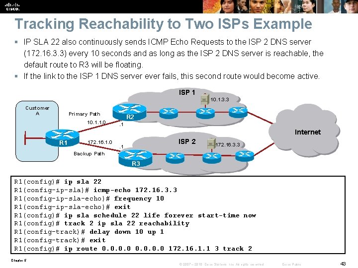 Tracking Reachability to Two ISPs Example § IP SLA 22 also continuously sends ICMP