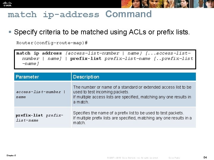 match ip-address Command § Specify criteria to be matched using ACLs or prefix lists.