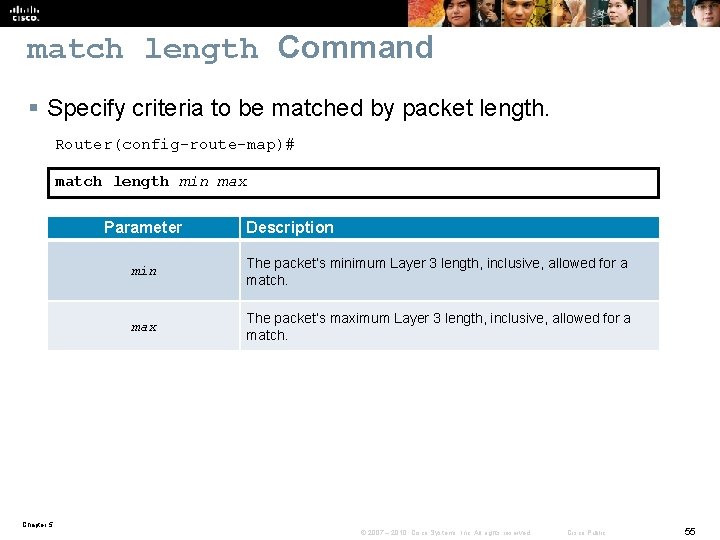 match length Command § Specify criteria to be matched by packet length. Router(config-route-map)# match
