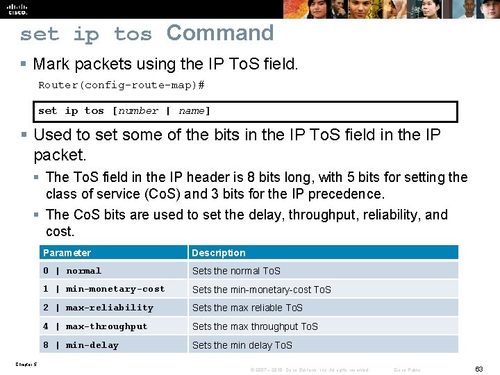 set ip tos Command § Mark packets using the IP To. S field. Router(config-route-map)#