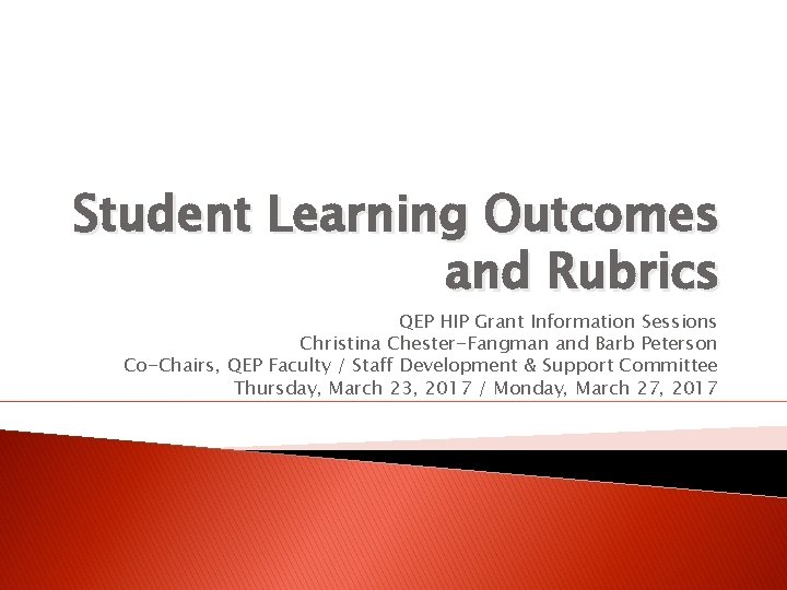 Student Learning Outcomes and Rubrics QEP HIP Grant Information Sessions Christina Chester-Fangman and Barb