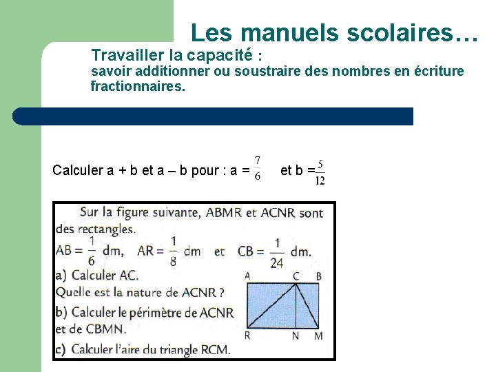 Les manuels scolaires… Travailler la capacité : savoir additionner ou soustraire des nombres en