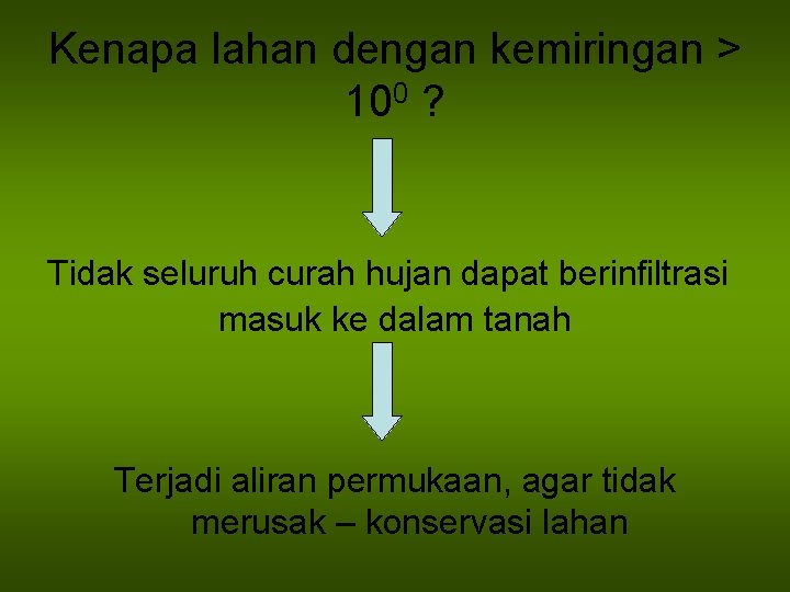 Kenapa lahan dengan kemiringan > 100 ? Tidak seluruh curah hujan dapat berinfiltrasi masuk