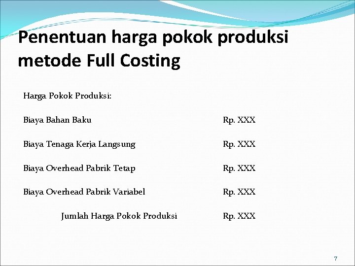 Penentuan harga pokok produksi metode Full Costing Harga Pokok Produksi: Biaya Bahan Baku Rp.