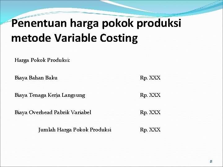 Penentuan harga pokok produksi metode Variable Costing Harga Pokok Produksi: Biaya Bahan Baku Rp.